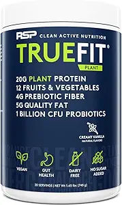 RSP TrueFit Vegan Protein Powder Meal Replacement Shake, Plant Based Protein + Organic Fruits & Veggies, Fiber & Probiotics, Gluten Free, Dairy Free