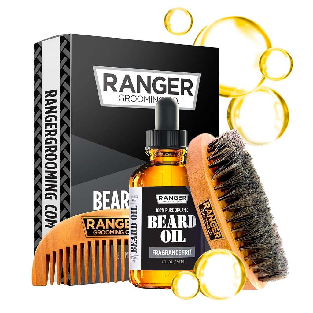 Beard Kit by Ranger Grooming Company by Leven Rose, 100% Βιολογικό Φυσικό Αρωματικό Αρωματικό Ελαιόλαδο, Βούρτσα Γυαλιά, Φυσικό Ξύλινο Σετ Αναψυκτικών