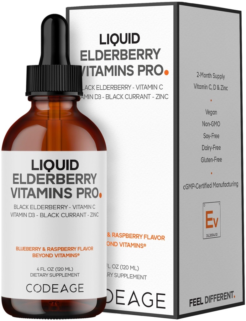 Codeage Elderberry Vitamins Pro - Organic Black Elderberry Liquid Drops - Βιταμίνη C, D3, Ψευδάργυρος, Μαύρο Σταφύλι - 2-Month Supply - Black Sambucus Liquid - Συμπλήρωμα για Ενήλικες & Παιδιά - 4 fl oz