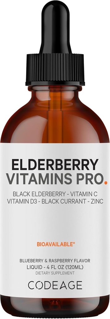 Codeage Elderberry Vitamins Pro - Organic Black Elderberry Liquid Drops - Βιταμίνη C, D3, Ψευδάργυρος, Μαύρο Σταφύλι - 2-Month Supply - Black Sambucus Liquid - Συμπλήρωμα για Ενήλικες & Παιδιά - 4 fl oz