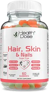 Health Dose Hair Skin Nails with Biotin 5000 mcg, Vitamin A,D3,C & B6, Gluten & Sugar Free, Coconut & Strawberry Flavor 60 Count Gummies.