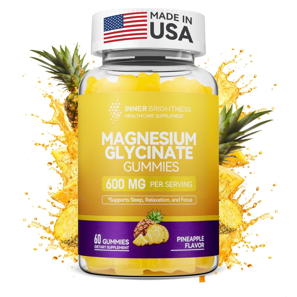 Γλουτένη Μαγνήσιο Γλυκινικό Gummies 600mg, μη Γλουτένη-ελεύθερο, Μαγνήσιο Gummies για ενήλικες & παιδιά, ύπνο, χαλάρωση & εστίαση, ανανά γεύση, 60 Count