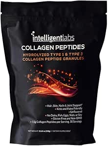 Intelligent Labs Hydrolyzed τύπου 1 και 3 Collagen Peptide Granules, Collagen Powder Unflavored, Keto και Παλαιο-Φιλικός, τρίτο μέρος Επαληθευμένος για καθαρότητα, 11g ανά υπηρεσία, 30 εξυπηρετεί ένα σάκο