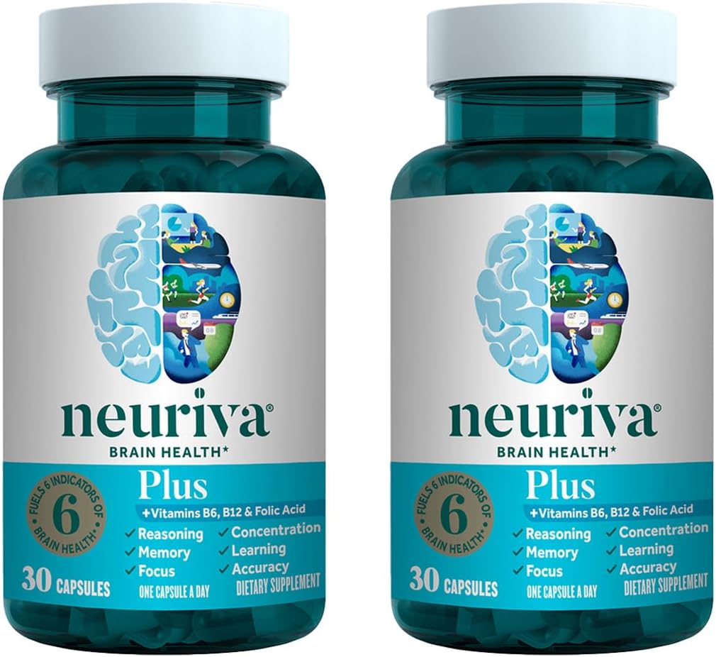 NEURIVA Plus Συμπλήρωμα εγκεφάλου για μνήμη, εστίαση & συγκέντρωση + Γνωστική λειτουργία με κλινικά ελεγχόμενη Nootropics Phosphatidylserine και νευροπαράγοντας, VIT B6 & B12, 30 κάψουλες κόμη (2 Συσκευασία)