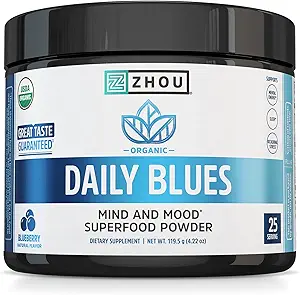 Zhou Daily Blues - Μπλε σκόνη Spirulina Βιολογικό, Blue Algae Energy Superfood Smoothie, Vegan Drink Mix - Μπύρα Γεύσης, 4,22 oz (25 εξυπηρετήσεις)