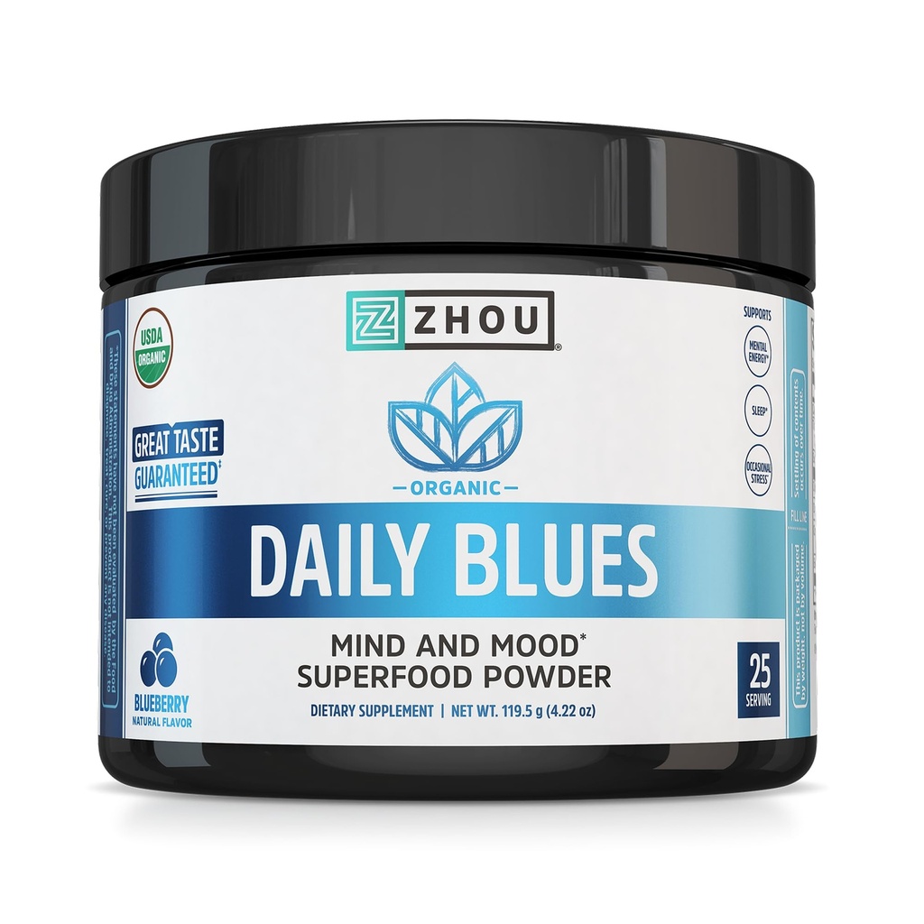 Zhou Daily Blues - Blue Spirulina Powder Organic, Blue Algae Energy Superfood Supplement for Smoothie, Vegan Drink Mix - Blueberry Flavor, 4.22 oz (25 Servings)
