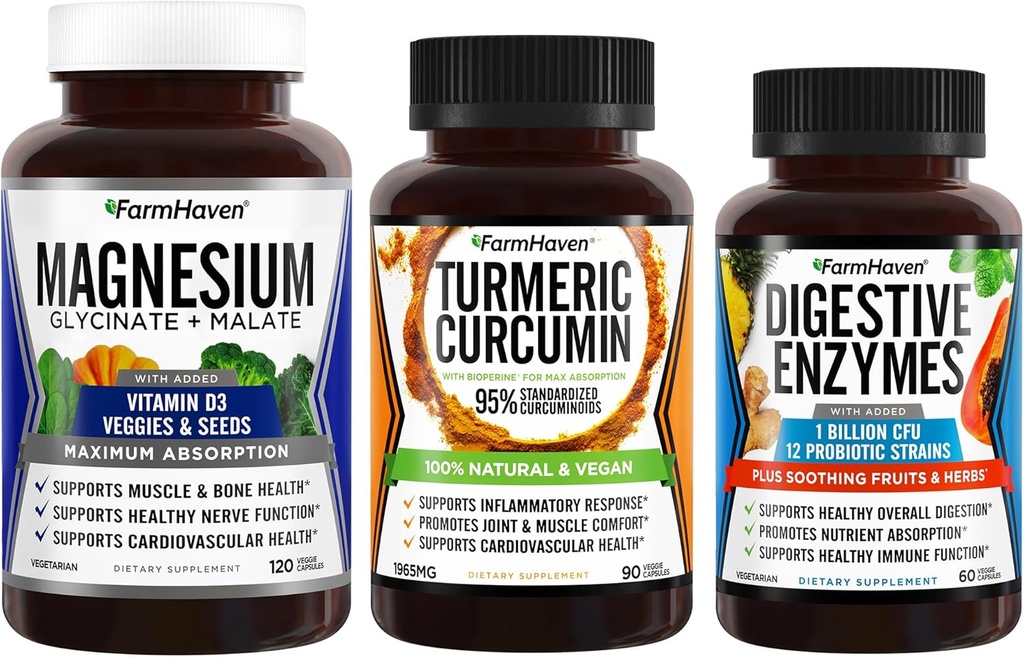 FarmHaven Magnesium Glycinate & Malate Complex w/Vitamin D3 & Turmeric Curcumin με BioPerine Black Pepper & Digestive Ένζυμα με 18 Προβιοτικά & Βότανα