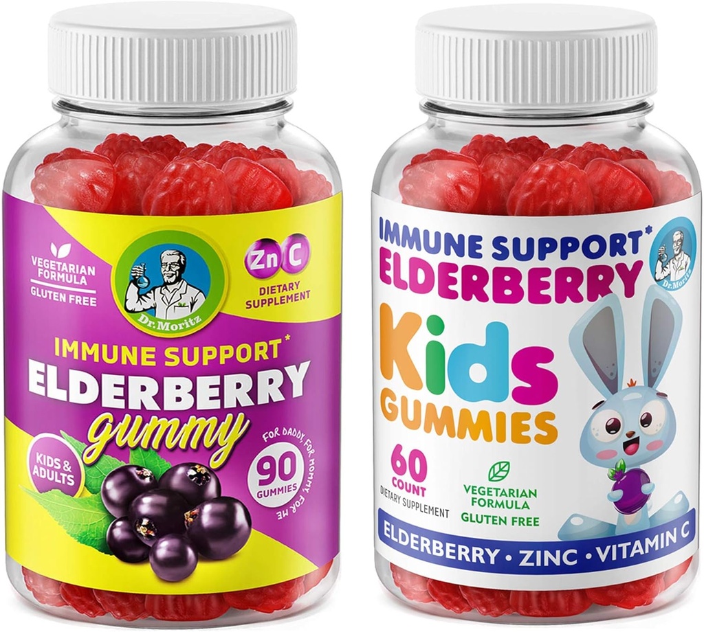 DR. MORITZ Elderberry Gummies for Kids and Family- Immune System Booster and Health Support with Black Sambucus Elderberries Extract - Vitamin and Zinc Herbal Immunity Boost Supplement for Children
