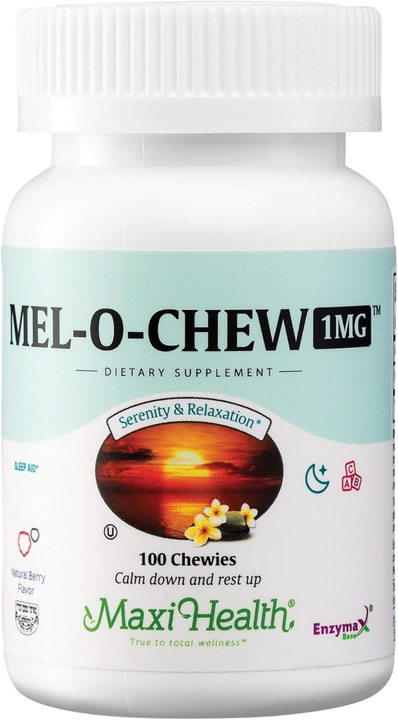 Maxi Health Melatonin 1mg Chewable - Βοήθεια για τον ύπνο Μελατονίνη για την ενθάρρυνση του φυσικού ύπνου – Μη-Habit Forming Supplement with Enzymax for Fast-Active Support Kosher (100 Μονάδες)