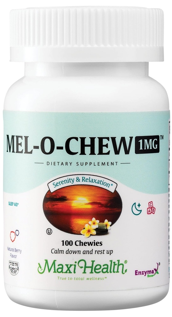 Maxi Health Melatonin 1mg Chewable - Βοήθεια για τον ύπνο Μελατονίνη για την ενθάρρυνση του φυσικού ύπνου – Μη-Habit Forming Supplement with Enzymax for Fast-Active Support Kosher (100 Μονάδες)
