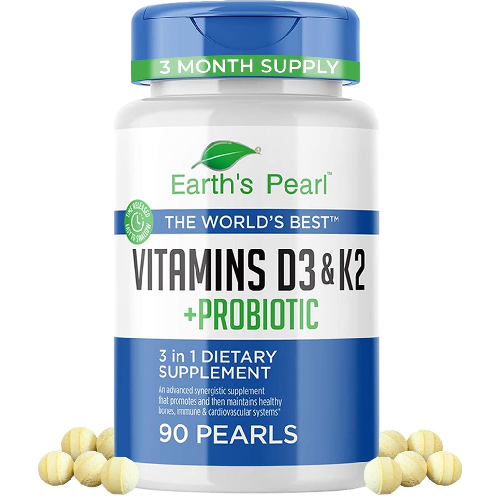 Earth's Pearl Vitamin D3 K2 5000 IU - 3-in-1 K2 D3 Vitamin Supplement with Probiotics for Women & Men, 3-Month Supply, Gut Health Supplements for Women & Men (90 CT)