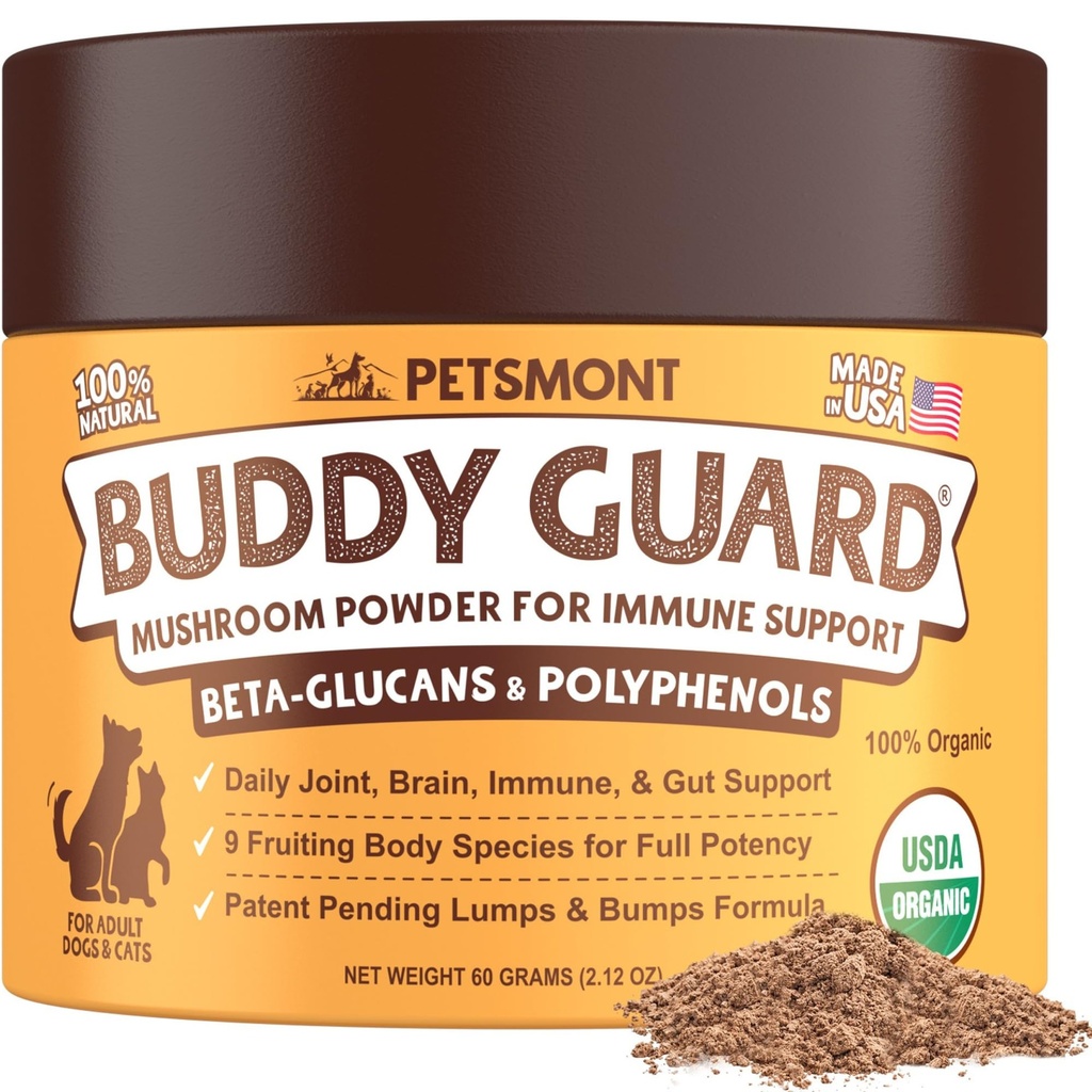 Petsmont Buddy Guard for Lumps and Bumps, Lipoma for Dogs & Cats, Patent Pending Organic 8 Mushroom Powder Blend Φυσικό σκυλί Probiotic & Immune Support Chaga, Reishi, Lion's Mane, Turkey Tail Mushroom