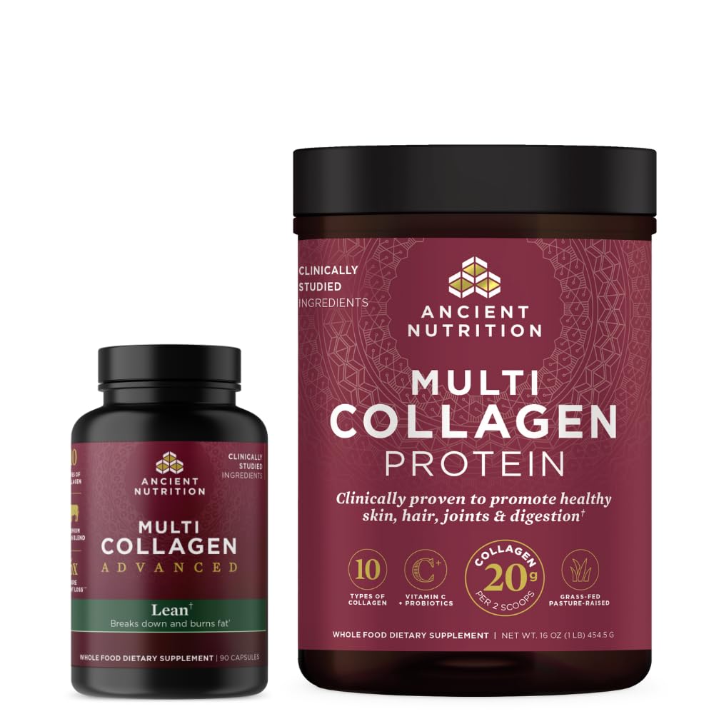 Αρχαία διατροφή Multi Collagen Advanced Κάψουλες, Lean, 90 Count + Multi Collagen Protein Powder, Unflavored, 45 εξυπηρετούν