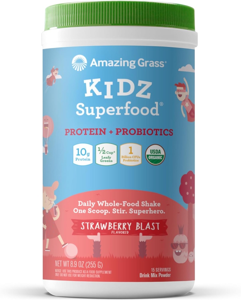 Amazing Grass Kids Superfood: Vegan Πρωτεΐνη & Προβιοτικά για τα παιδιά με Beet Root Powder & 1/2 Κύπελλο Leafy Πράσινα, Φράουλα Blast, 15 εξυπηρετούν