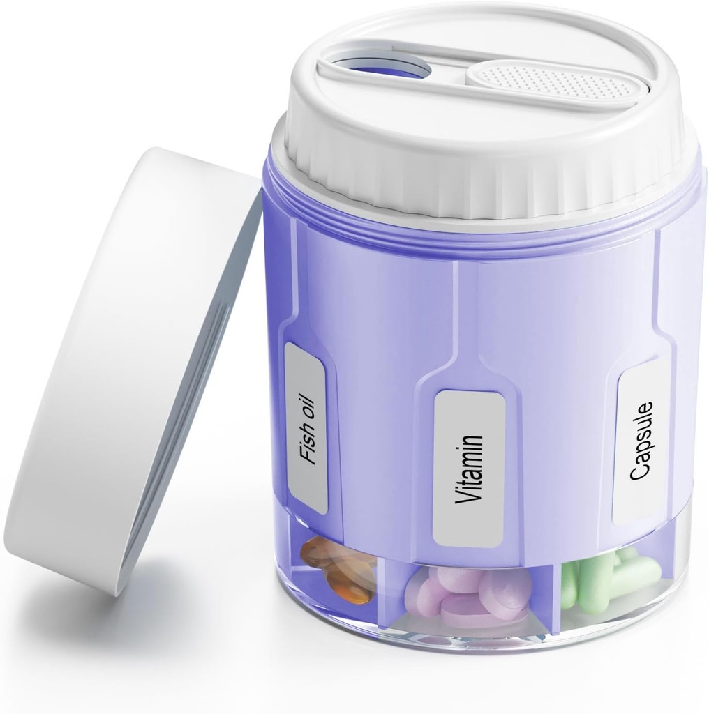 Daviky Pill Bottle Organizer, Supplement Organizer with 7 Large Compartments, Travel Pill Dispenser Round Pill Box with Two Lids(Purple)