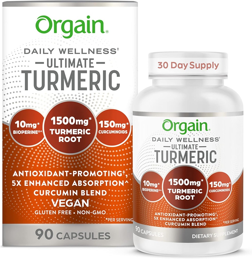 Orgain Ultimate Turmeric Supplement 1500mg, Κουρκουμίνη και Bioperine Black Pepper Extract Βότανο Blend, Υποστηρίζει Αντιοξειδωτικό και την υγεία της καρδιάς - 90 κάψουλες, 1 μήνα προσφοράς