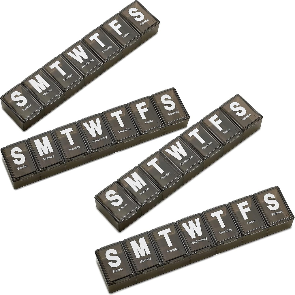 Weekly Pill Organizer - (πακέτο των 4) Extra Large Vitamin Container with Jumbo Easy to Read Letters, BPA Free - Daily Travel 7 Day Medication Pill Box Case, (Μαύρο)