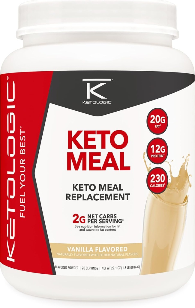 Ketologic Keto Meal Replacement Shake Powder για Βέλτιστα Αποτελέσματα + MCT Λάδι + Grass-Fed Whey - τέλεια διαμορφωμένη μακροεντολές για την Κέτωση - 20 εξυπηρετήσεις - Βανίλια