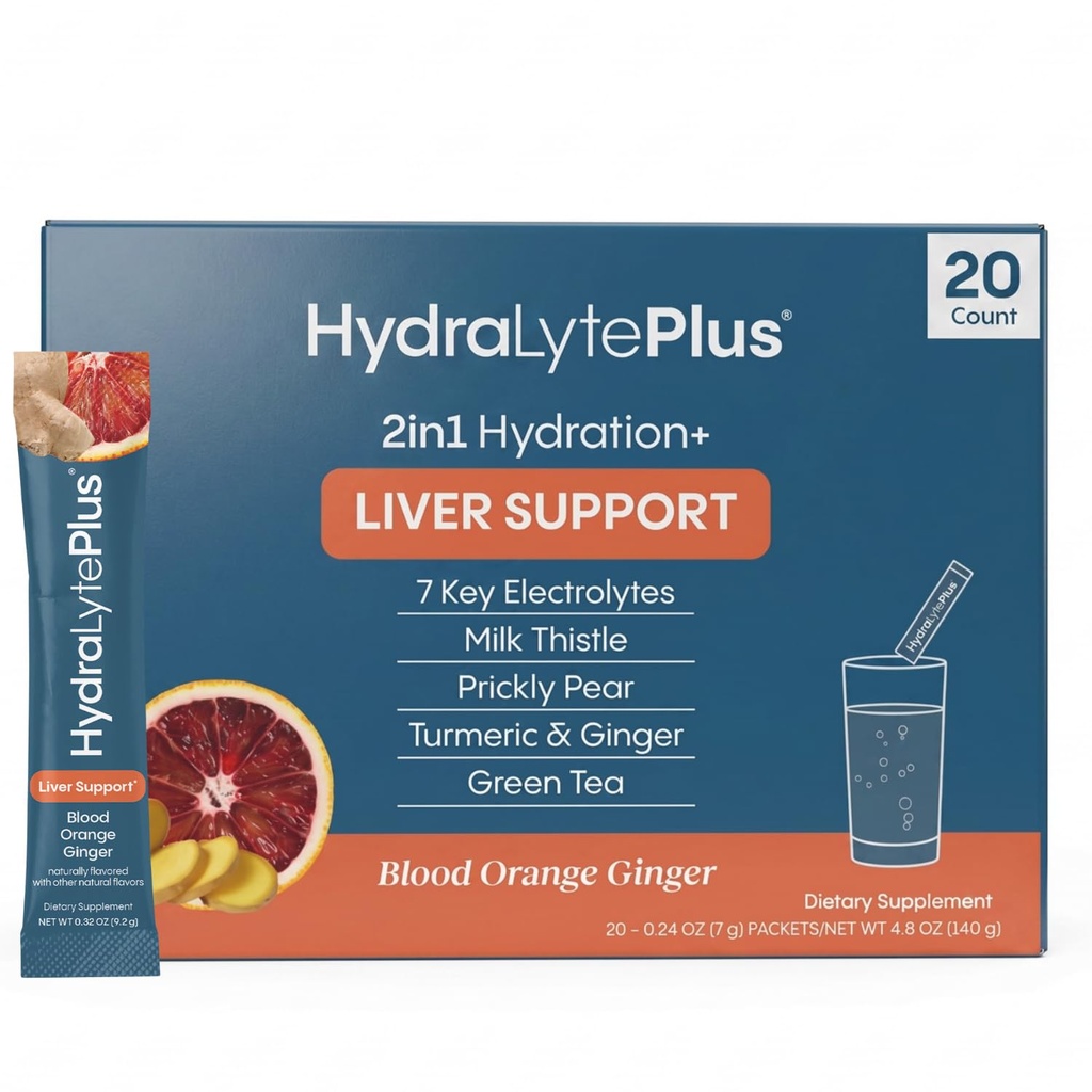 Hydralyte Plus Liver Support Hydration Packets - 7 Electrolytes with Milk Thistle, Turmeric and Ginger - Liquid Daily IV Electrolyte Powder Packets - 20 Count, Blood Orange