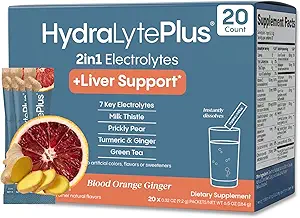 Hydralyte Liver Support + Electrolyte Mix with Milk Thistle, Turmeric, Ginger, Prickly Pear, Green Tea Extract Formulated for Rapid Rehydration (Blood Orange Ginger, 20 Packets)