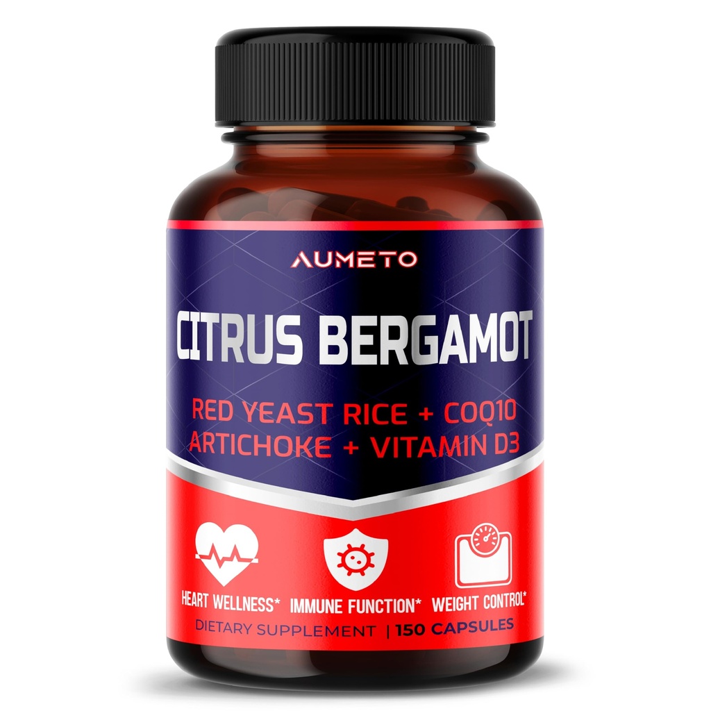 Citrus Bergamot Supplement with Red Yeast Rice, CoQ10, Artichoke, Vitamin D3 - Υποστήριξη Συνολική Ευεξία Κυκλοφορίας και ανοσοποιητικό σύστημα (150 Count (Pack of 1))