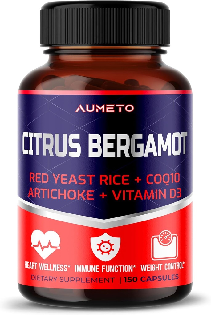 Citrus Bergamot Supplement with Red Yeast Rice, CoQ10, Artichoke, Vitamin D3 - Υποστήριξη Συνολική Ευεξία Κυκλοφορίας και ανοσοποιητικό σύστημα (150 Count (Pack of 1))