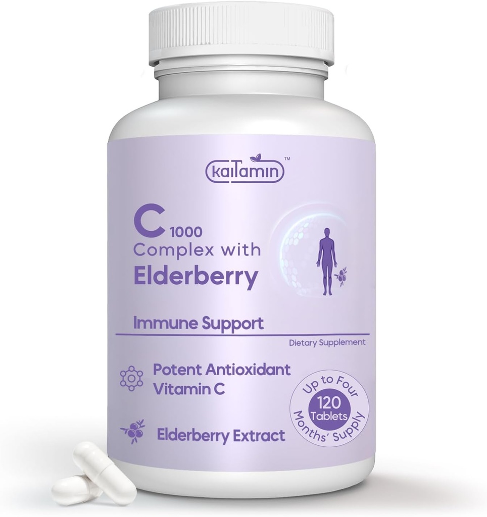 Vitamin C 1000mg with Rose HIPS + Sambucus Elderberry - C1000 Complex Dietary Supplement for Immune Support & Antioxidant Support - 120 Tablets for Upto 120 Days (120 Count (Pack of 1))