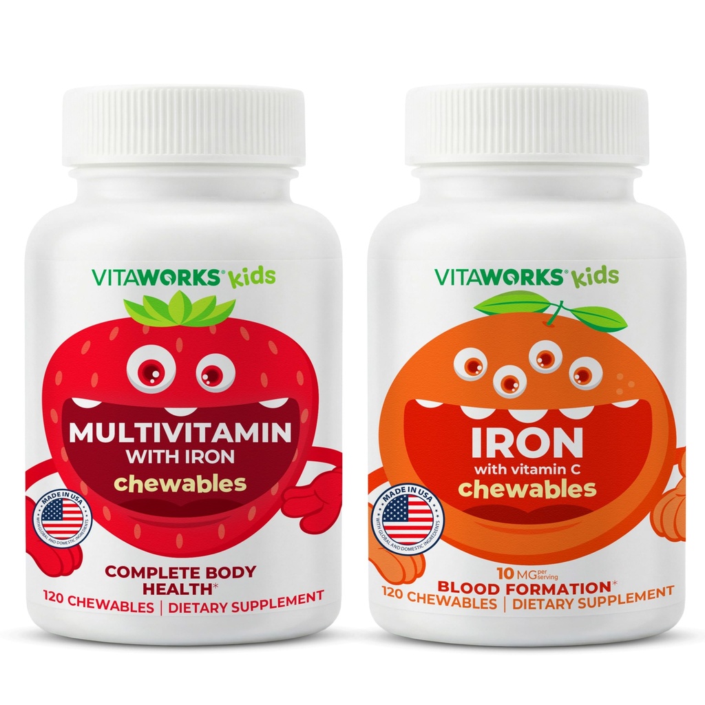VitaWorks Kids Multivitamin Chewables + Iron 10mg + Vitamin C Chewables Bundle