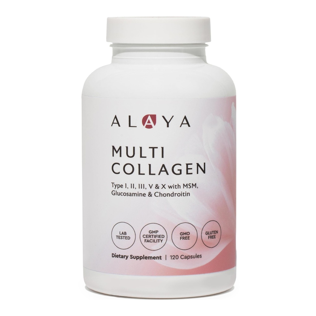 Alaya Naturals Hydrolyzed Multi Collagen Peptides Protein Capsules - Type I, II, III, V, X Grass-Fed Bovine, Chicken, Marine Collagen Supplement with MSM + GC (Κάψουλες - 120 Count)