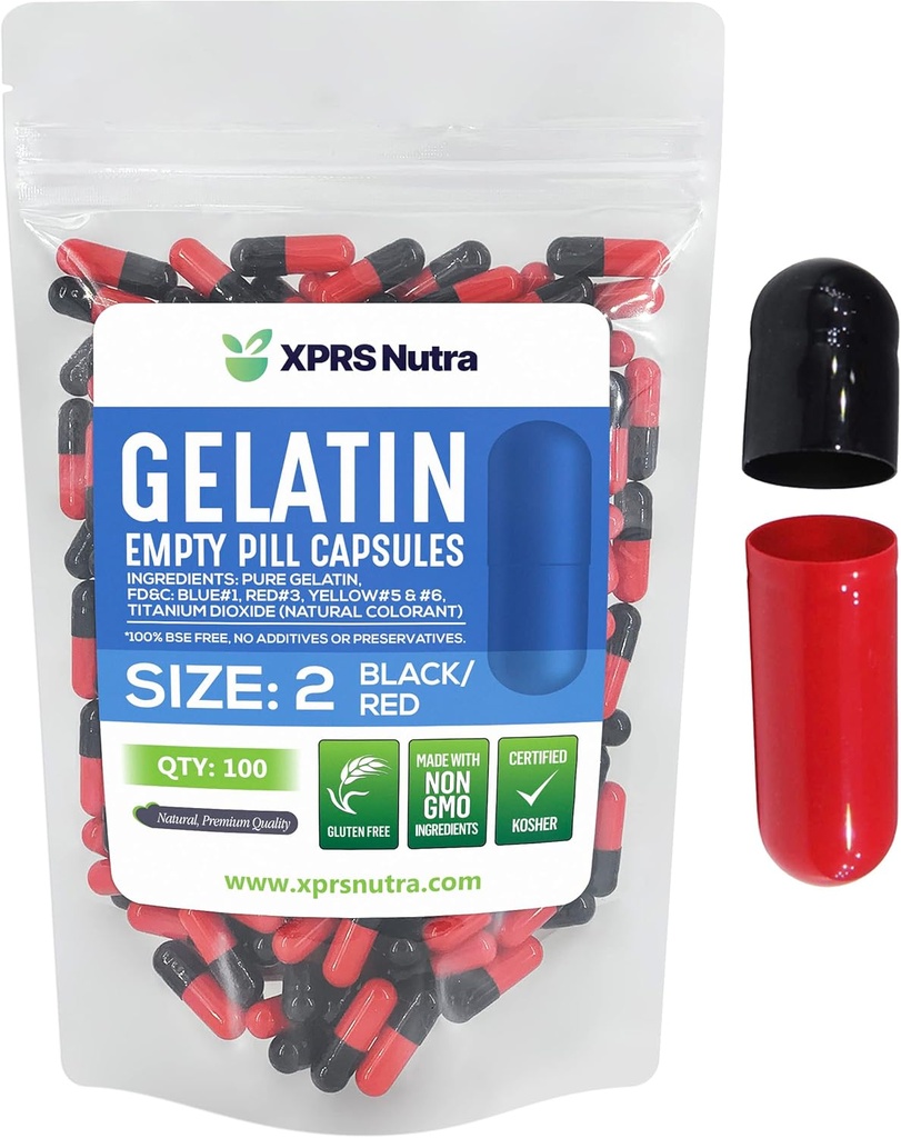 XPRS Nutra Μέγεθος 2 Κενές κάψουλες - 100 Count Empty Gelatin Κάψουλες - Χάπια DIY Καψάκιο Γέμισμα - Αγνά καπάκια τζελ Μπόβιν Χάπι για Do-It-Yourself Συμπληρώματα (Μαύρο/κόκκινο)