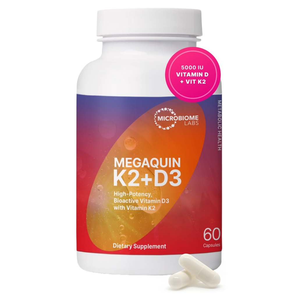 Microbiome Labs MegaQuin D3 + K2 - Υψηλής ισχύος βιταμίνη D3 K2 συμπλήρωμα - Βιοενεργή & βιοδιαθέσιμη - Βιταμίνη D3 5000 eu & MK-7 - Υποστηρίξτε την υγεία των οστών, της καρδιάς, των νεύρων και του ανοσοποιητικού (60 κάψουλες)