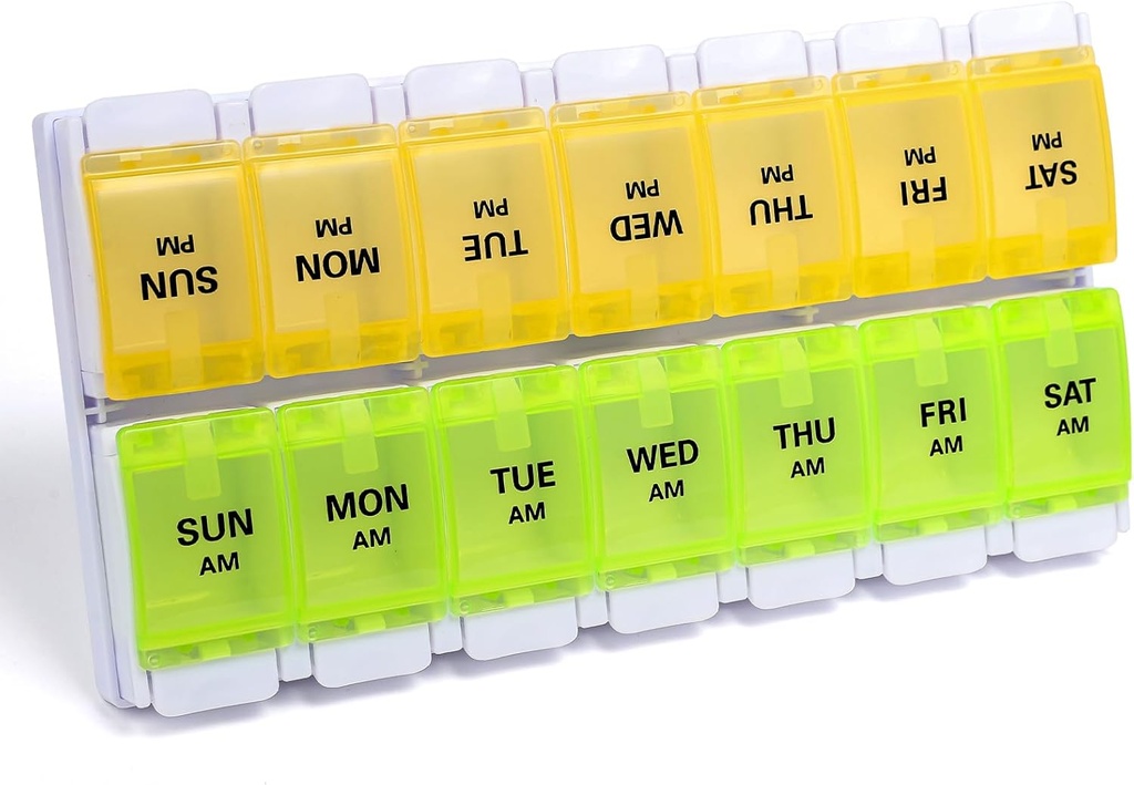 Sukuos AM PM Weekly Pill Organizer 7 Day, 2 times A Day Medicine Pill Box with Easy Push Button, BPA Δωρεάν Βιταμίνη Θήκες για το ιχθυέλαιο / Συμπληρώματα, Easy to Clean (Κίτρινο & Πράσινο)