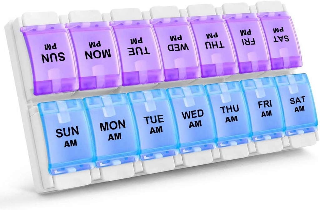 Sukuos AM PM Weekly 7 Day Pill Organizer, 2 φορές A Day Pill Box with Arthritis Friendly Push Button, Medicine Cases for Vitamin/Fish Oil/Supplements, Easy to Clean (Purple&Blue)