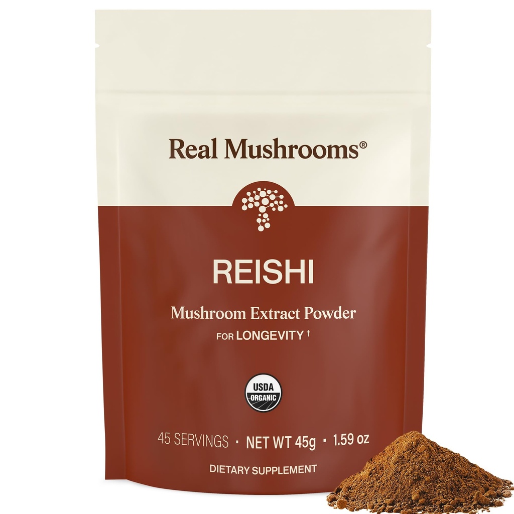 Real Mushrooms Reishi Mushroom Powder - Picked Organic Mushroom Extracts - Red Reishi for Tranquil Daily Wellness with Επαληθευμένο Beta Glucans Vegan, Non-GMO, No Grain Fillers, 45 Servings