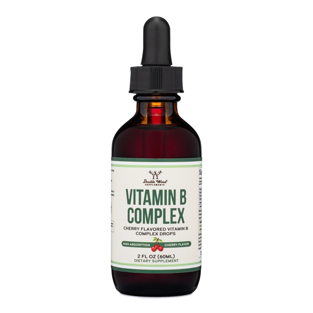 Διπλά συμπληρώματα ξύλου Liquid Vitamin B Complex - 2 Μήνες προσφοράς - Μέγιστη απορρόφηση - B3, B6, B7 (Biotin), B9, και βιταμίνη B12 - Cherry Flavor - 2 FL OZ