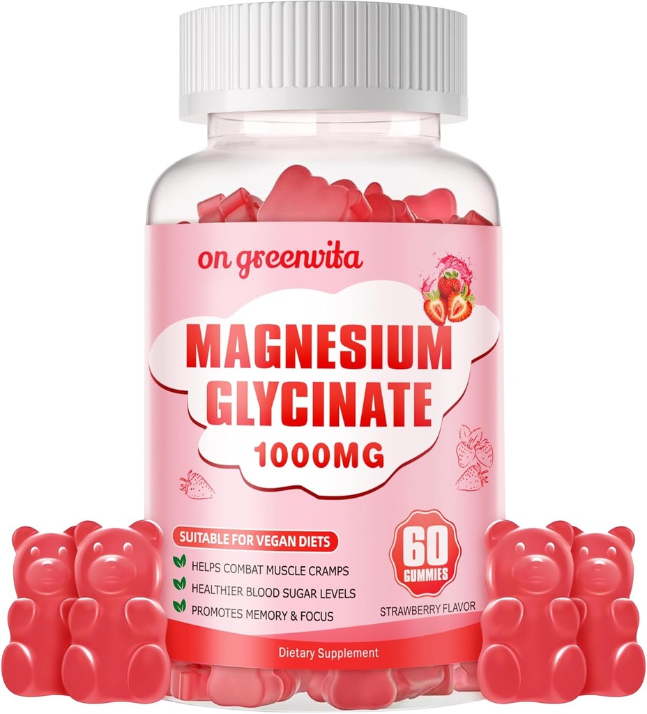 Μαγνήσιο Γλυκινικό Gummies 1000mg - Συμπλήρωμα μαγνησίου χωρίς ζάχαρη με βιταμίνη D, B6, CoQ10 για υποστήριξη ηρεμίας & ύπνου - 60 Gummies Φράουλα