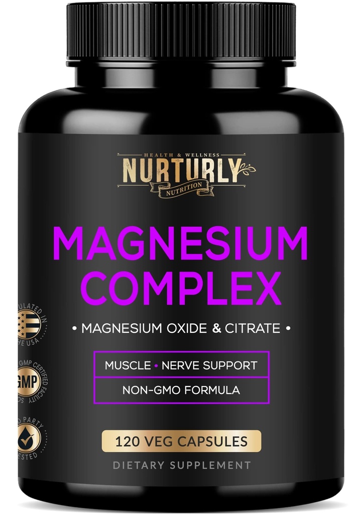 Μαγνήσιο Citrate & Oxide 500mg Complex Supplement - Υψηλή Απορρόφηση Μέγιστη δύναμη - Βοηθά στην υποστήριξη της πυκνότητας και της δύναμης των οστών, των μυών, της ενέργειας και του ύπνου - 120 Vegan Κάψουλες