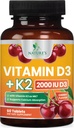 Βιταμίνη D3 K2 2000 IU Plus με K2 (MK-7) 75 mcg - Βιταμίνες D & K Complex Supplement για Οστά, Δόντια, Μυς, Ασβέστιο Απορρόφηση, Υποστηρίζει την Ανοσοποιητική & Καρδιακή Υγεία, Μη ΓΤΟ Μασώμενη Φόρμουλα - 60 δισκία