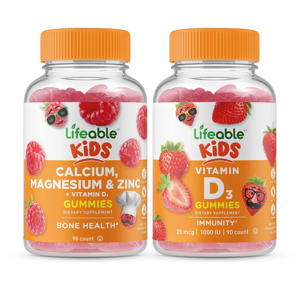 Lifeable Calcium Magnesium & Zinc Kids + Vitamin D Kids, Gummies Bundle - Great Tasting, Vitamin Supplement, Gluten Free, GMO Free, Chewable Gummy