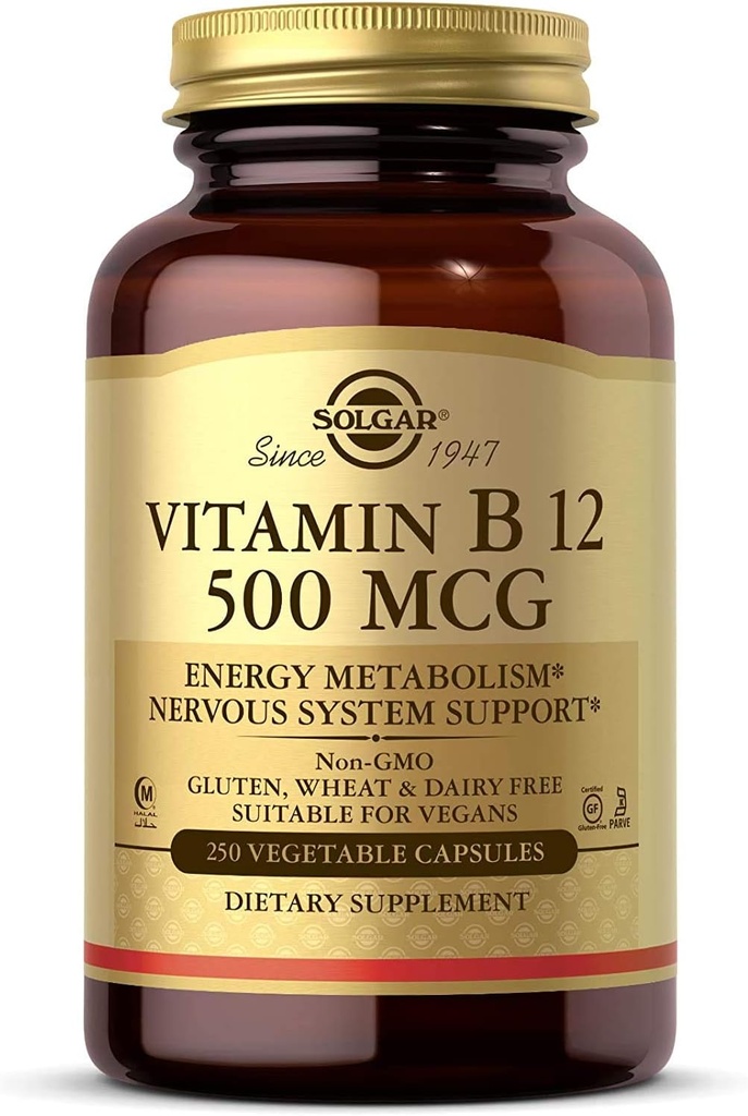 Solgar Vitamin B12 500 mcg, 250 κάψουλες λαχανικών - Ενεργειακός Μεταβολισμός - Υποστήριξη νευρικού συστήματος - Προάγει την υγεία της καρδιάς - Μη ΓΤΟ, Vegan, Χωρίς γλουτένη, Χωρίς γαλακτοκομικά, Kosher, Hanal - 250 εξυπηρετήσεις