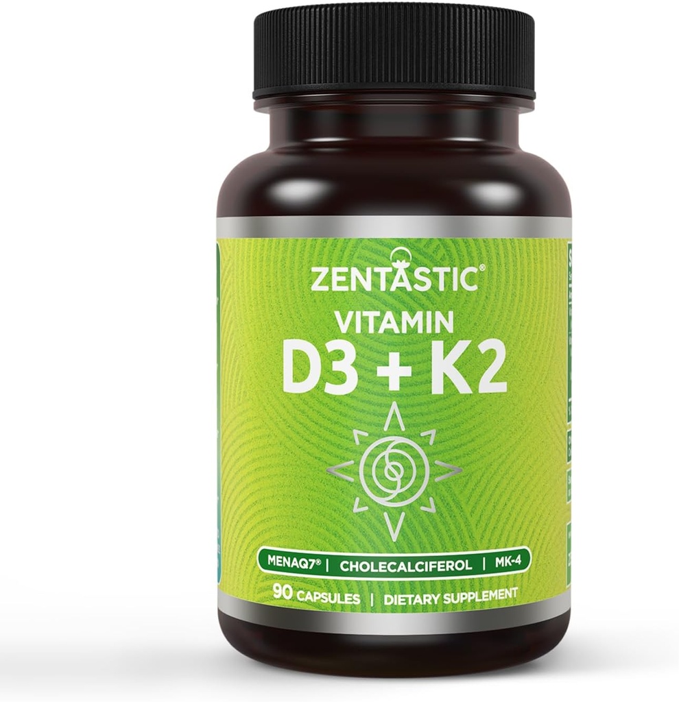 Zentastic Vitamin D3 K2, 5000IU & 200mcg, Vitamin D & Patented MK7 & MK4 για 3-σε-1 Complex Support - Χορτοφαγική, Μη ΓΤΟ, 90 Caps
