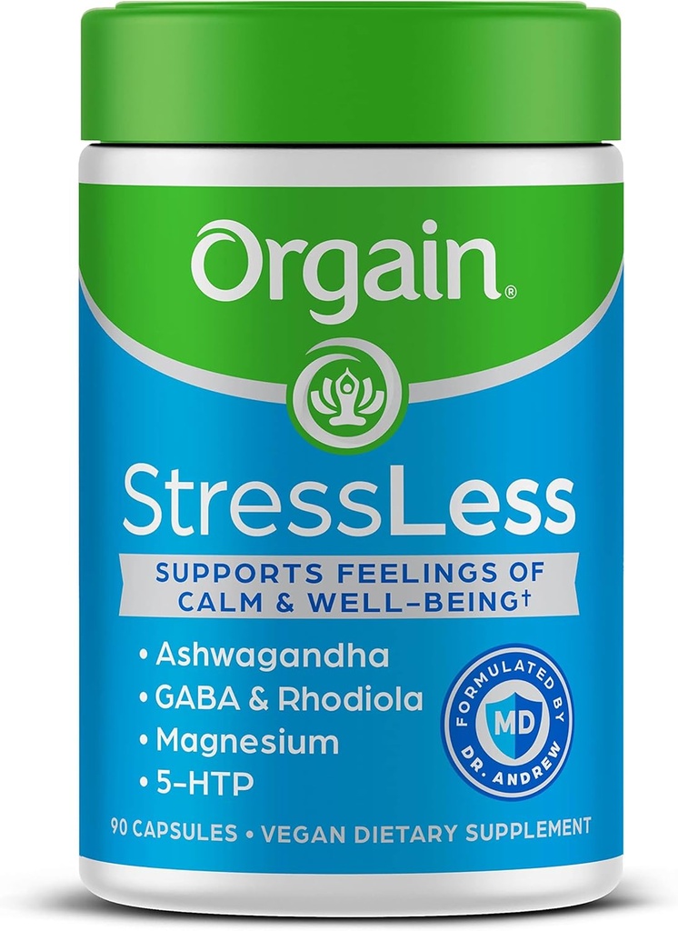 Orgain StressLess, Vegan Stress Relief Supplement - Μείγμα του μαγνησίου, Lemon Balm, GABA, 5 HTP, Rhodiola Rosea, Ashwagandha και χαμομήλι, Χωρίς γλουτένη, Γιατρός Formulated - 90 Count, 30 Day Supply