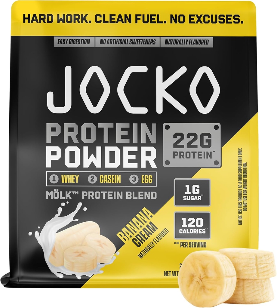 Jocko Καύσιμο Mölk Whey Protein Powder 22g Χαμηλή Ζάχαρη Μοναχική Μείγμα Φρούτων - Ανάκτηση μυών & ανάπτυξη, Συσκευασία Μάιος Vary (28 σερβιέτες, κρέμα μπανάνας)