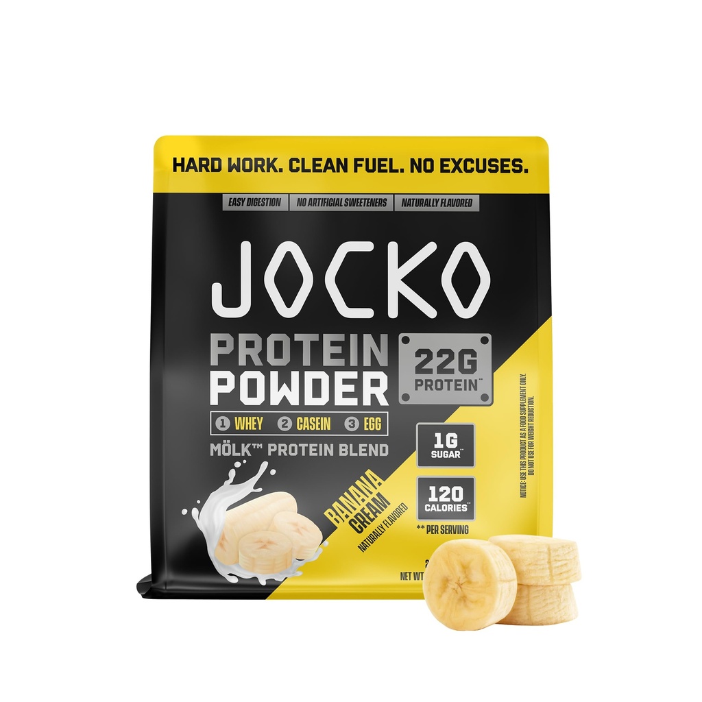 Jocko Καύσιμο Mölk Whey Protein Powder 22g Χαμηλή Ζάχαρη Μοναχική Μείγμα Φρούτων - Ανάκτηση μυών & ανάπτυξη, Συσκευασία Μάιος Vary (28 σερβιέτες, κρέμα μπανάνας)