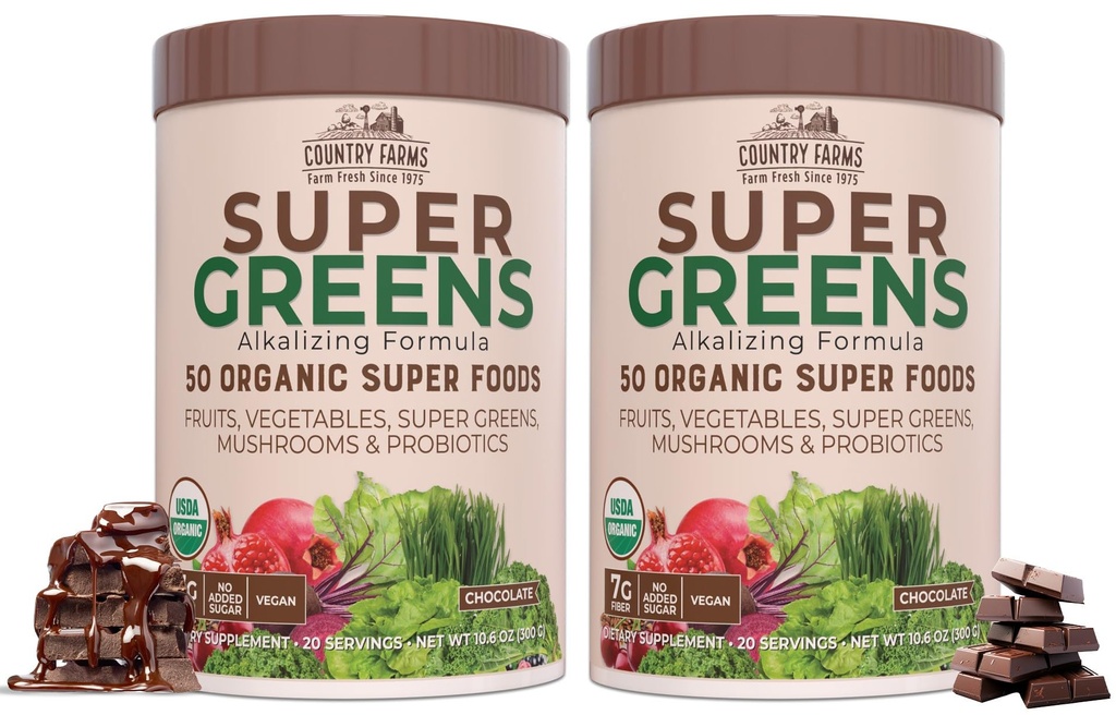 ΧΩΡΑ FARMS Super Greens Σοκολάτα Γεύση, 50 Βιολογικά Super Foods, USDA Βιολογικό Μείγμα Ποτών, Φρούτα, Λαχανικά, Super Greens, Μανιτάρια & Προβιοτικά, Υποστηρίζει την ενέργεια, 40 εξυπηρετούν, 10,6 Oz, 2 Πακέτο