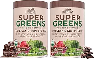 COUNTRY FARMS Super Greens Chocolate Flavor, 50 Organic Super Foods, USDA Organic Drink Mix, Fruits, Vegetables, Super Greens, Mushrooms & Probiotics, Supports Energy, 40 Servings, 10.6 Oz, 2 Pack