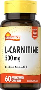 Sundance L-Carnitine Tartrate Supplement 500mg | 60 Capsules | Free Form Amino Acid | Non-GMO and Gluten Free Pills