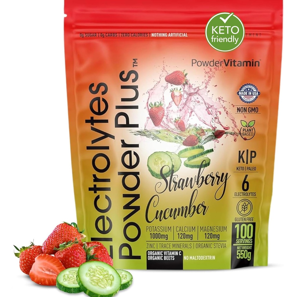 PowderVitamin Electrolytes Powder Plus (100 Servings) Strawberry Cucumber Electrolyte Powder Zero Calorie Keto,0Sugar, No Maltodextrin,1000mg Potassium,120mg Calcium,120mg Magnesium, Hydration Powder