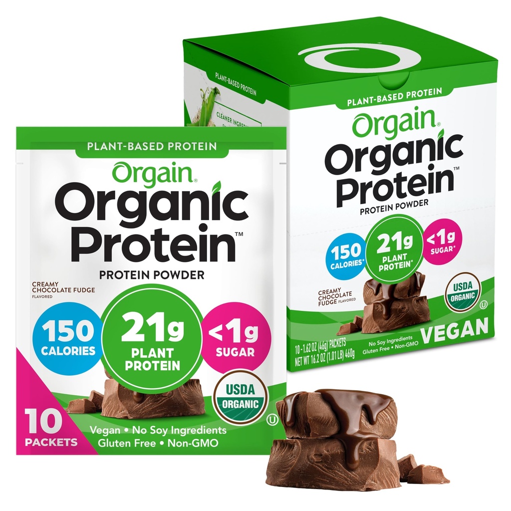Orgain Organic Vegan Protein Powder, Creamy Chocolate Fudge - 21g Πρωτεΐνες φυτών, 6g Προβιοτικές Ίνες, Χαμηλή Καρβίδα, Χωρίς Συστατικά Λακτόζης, Χωρίς Προστιθέμενη Ζάχαρη, Μη ΓΤΟ, Για Ανακινήσεις & Smoothies, 10 ταξιδιωτικές συσκευασίες