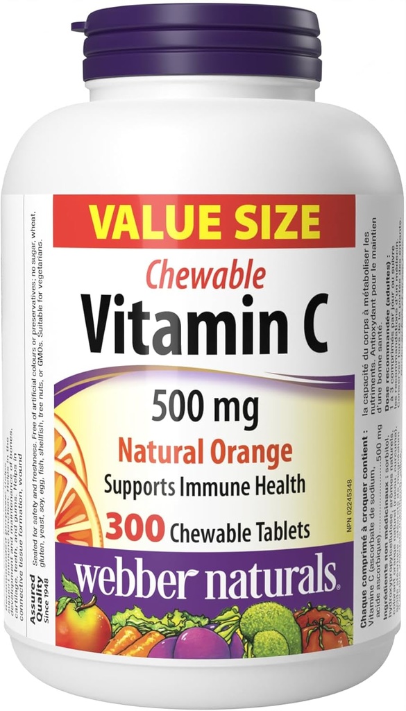 Webber Naturals Βιταμίνη C, 300 Μασώμενα δισκία πορτοκαλιού, 500 mg Βιταμίνη C ανά δισκίο, οστά, δόντια, ανοσοποιητική και αντιοξειδωτική υποστήριξη